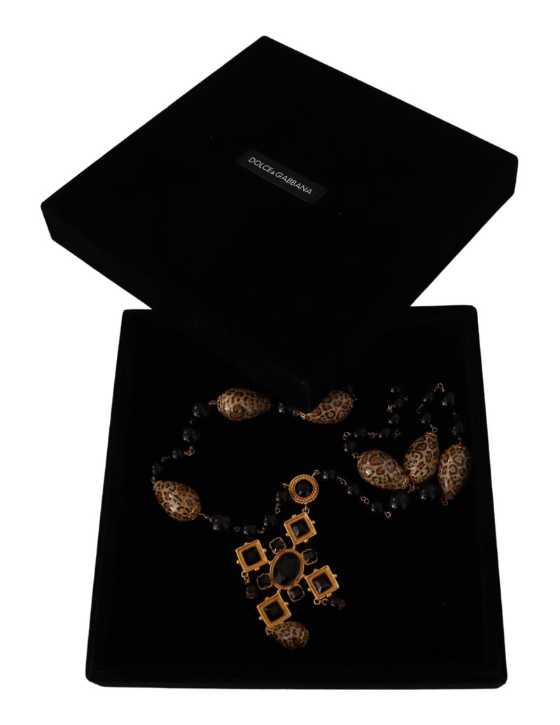 Gold Tone Brass Leopard Cross Chain Black Crystal Necklace