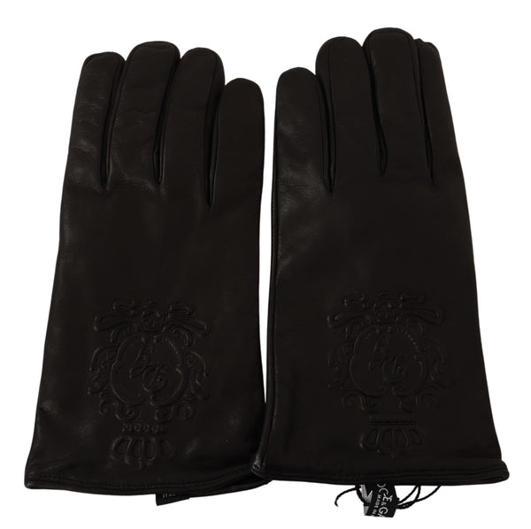 Black Logo Embossed Leather Mitten Gloves