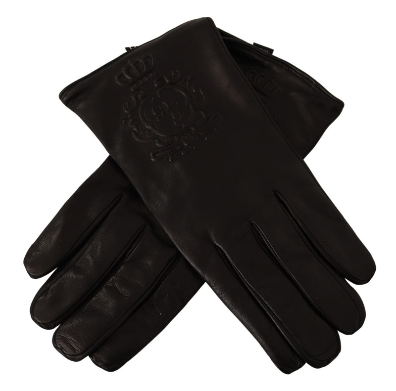 Black Logo Embossed Leather Mitten Gloves