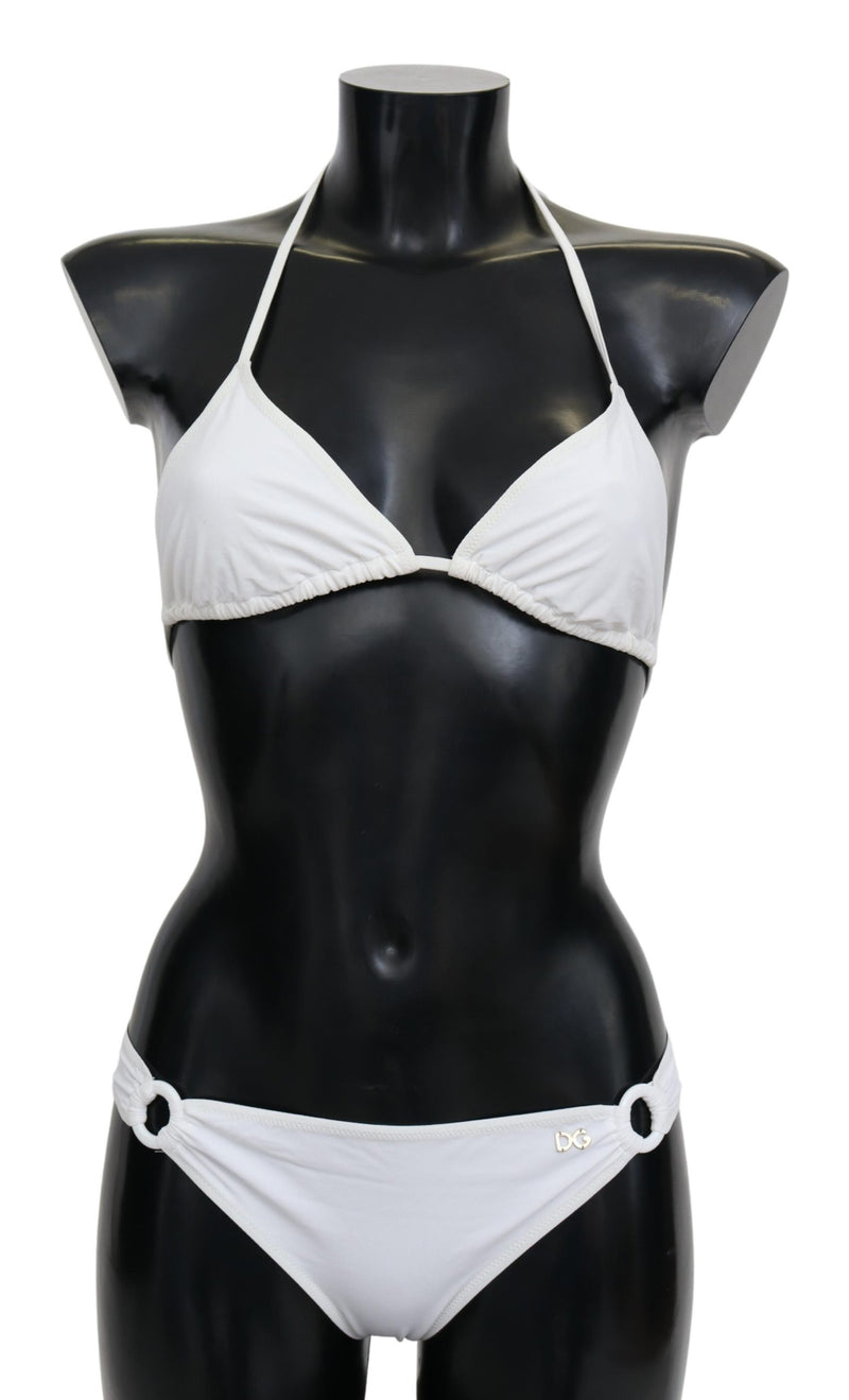 White Nylon Solid Halter Two Piece Swimwear Bikini