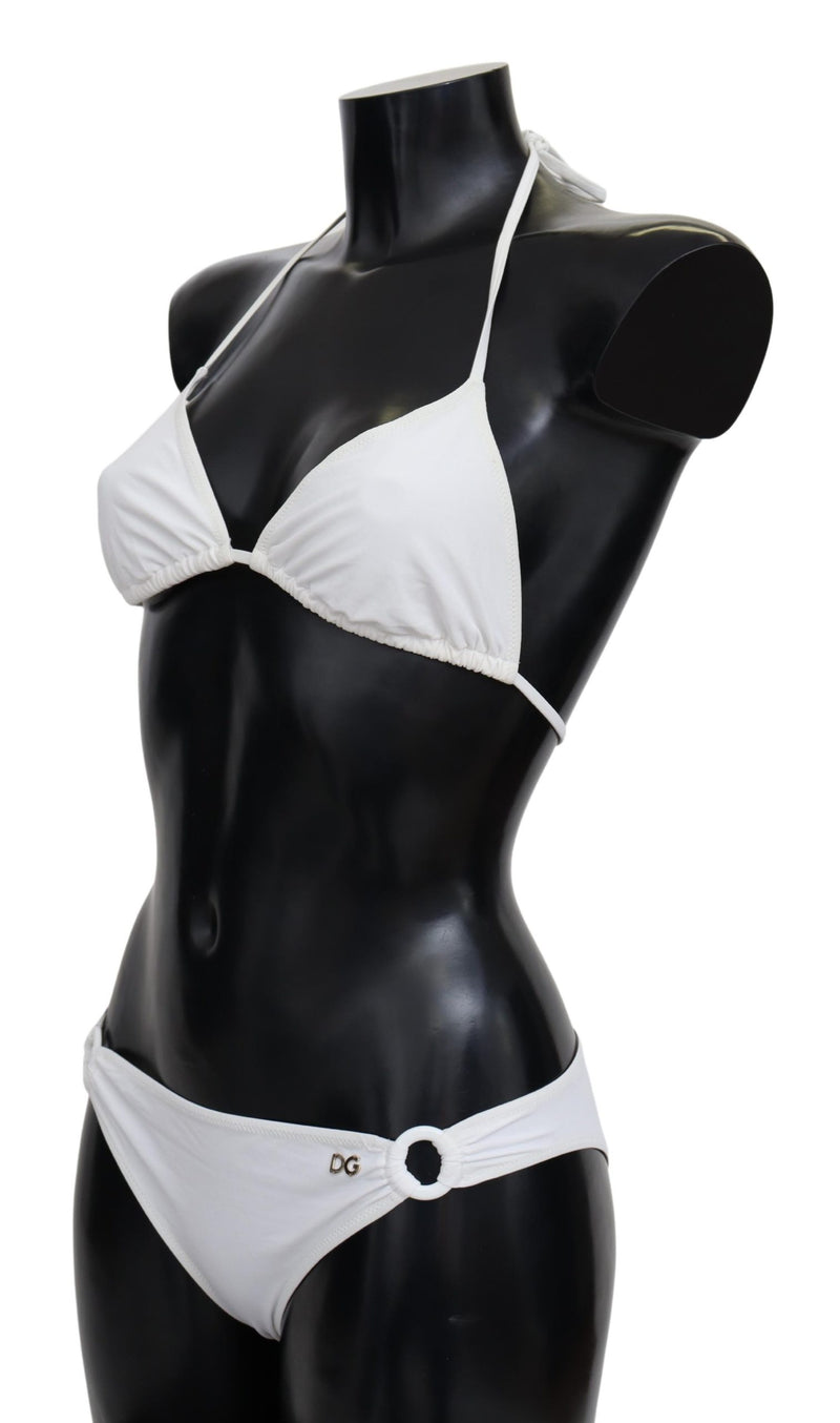 White Nylon Solid Halter Two Piece Swimwear Bikini