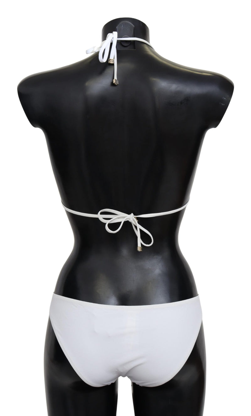 White Nylon Solid Halter Two Piece Swimwear Bikini