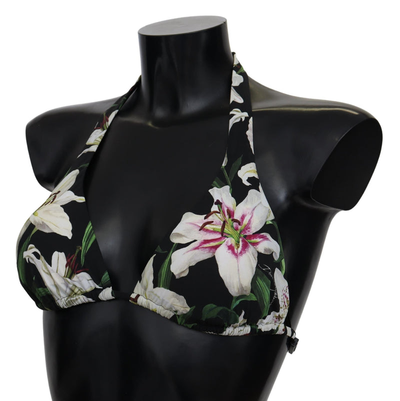 Black Lilies Print Nylon Swimwear Bikini Tops