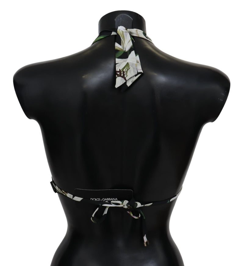 Black Lilies Print Nylon Swimwear Bikini Tops