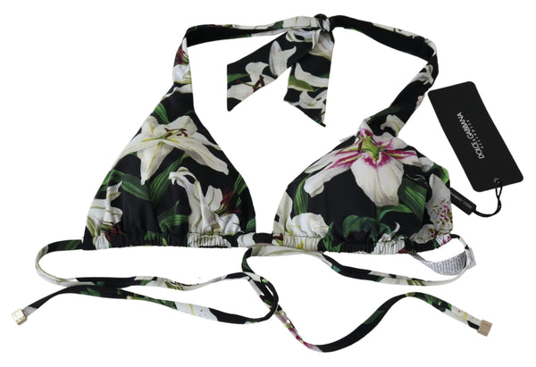Black Lilies Print Nylon Swimwear Bikini Tops
