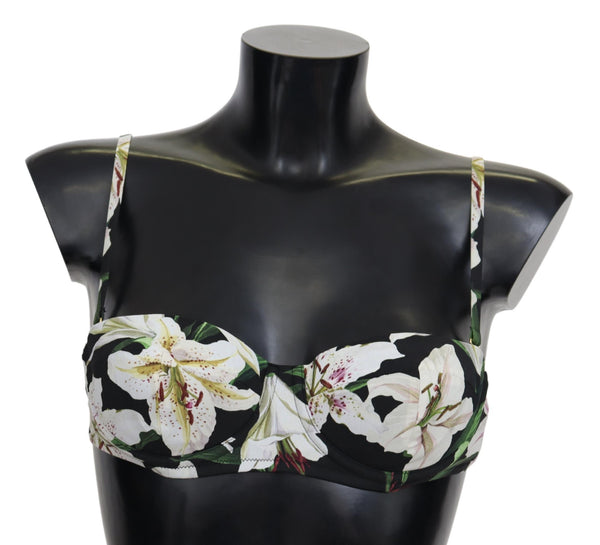 Black Lilies Print Nylon Swimwear Bikini Tops