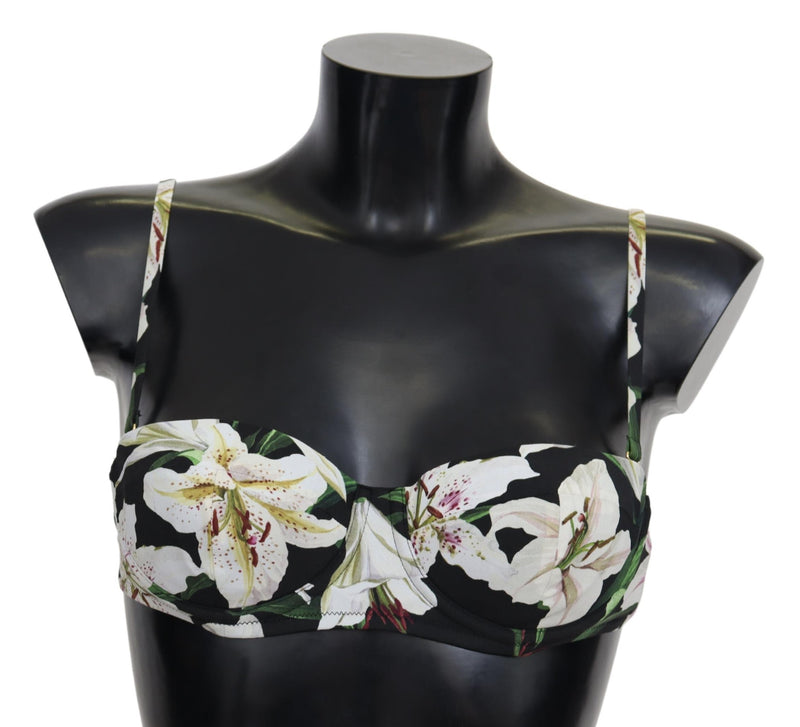 Black Lilies Print Nylon Swimwear Bikini Tops
