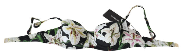 Black Lilies Print Nylon Swimwear Bikini Tops
