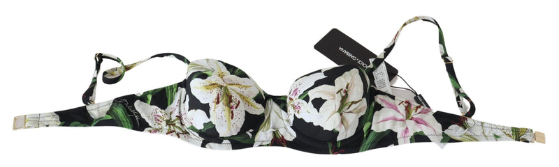 Black Lilies Print Nylon Swimwear Bikini Tops