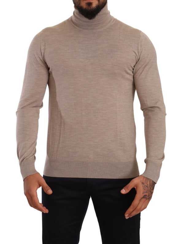 Beige Virgin Wool Turtleneck Pullover Sweater