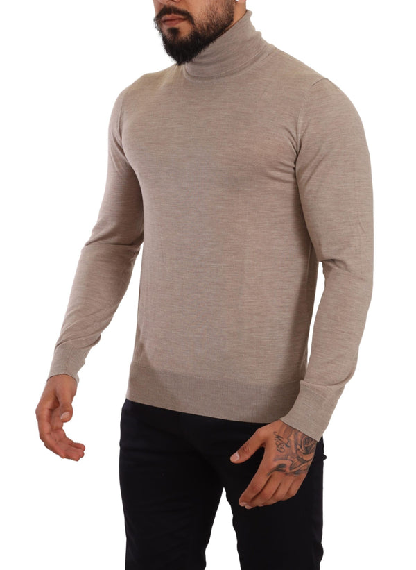 Beige Virgin Wool Turtleneck Pullover Sweater