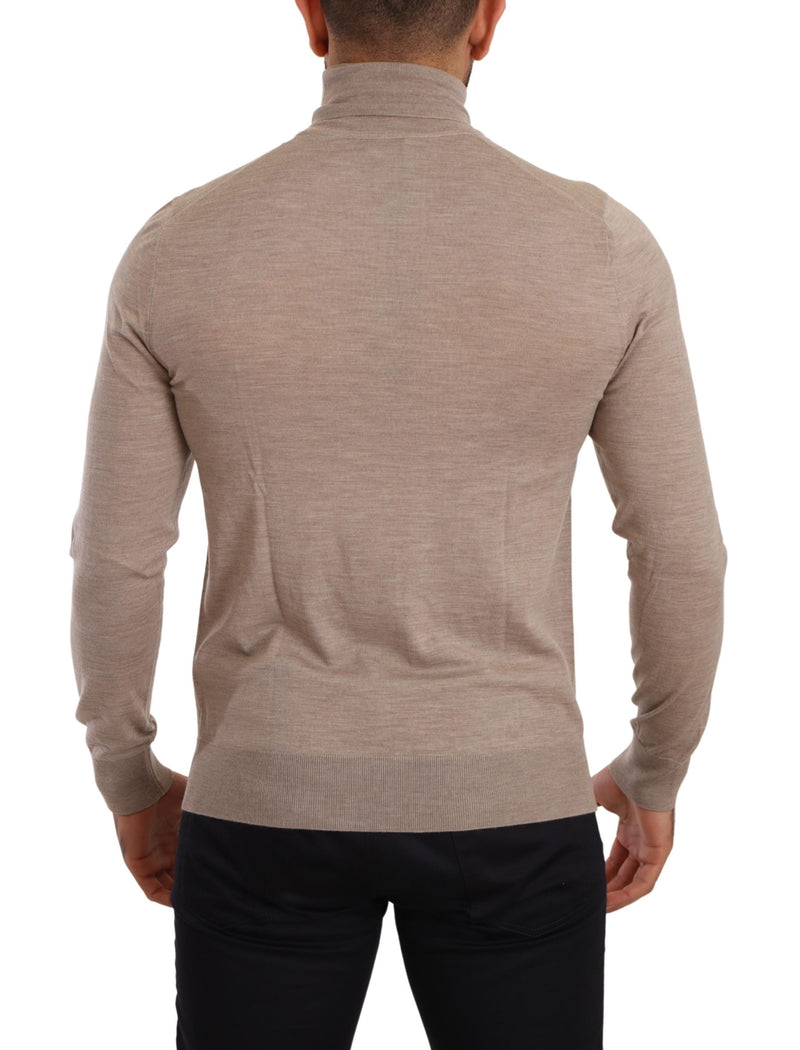 Beige Virgin Wool Turtleneck Pullover Sweater