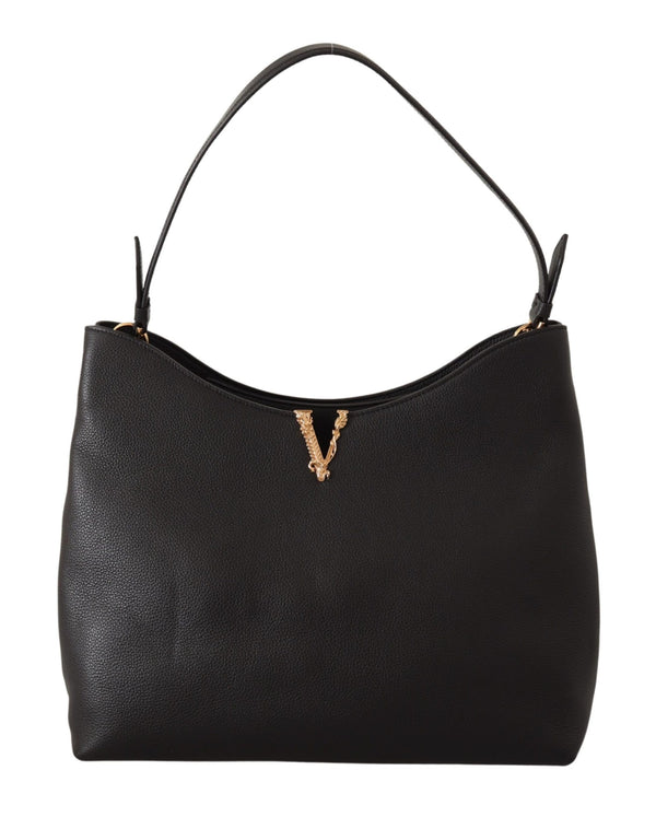 Black Calf Leather Large Hobo Shoulder Bag