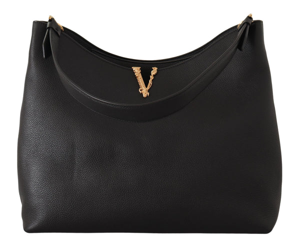 Black Calf Leather Large Hobo Shoulder Bag