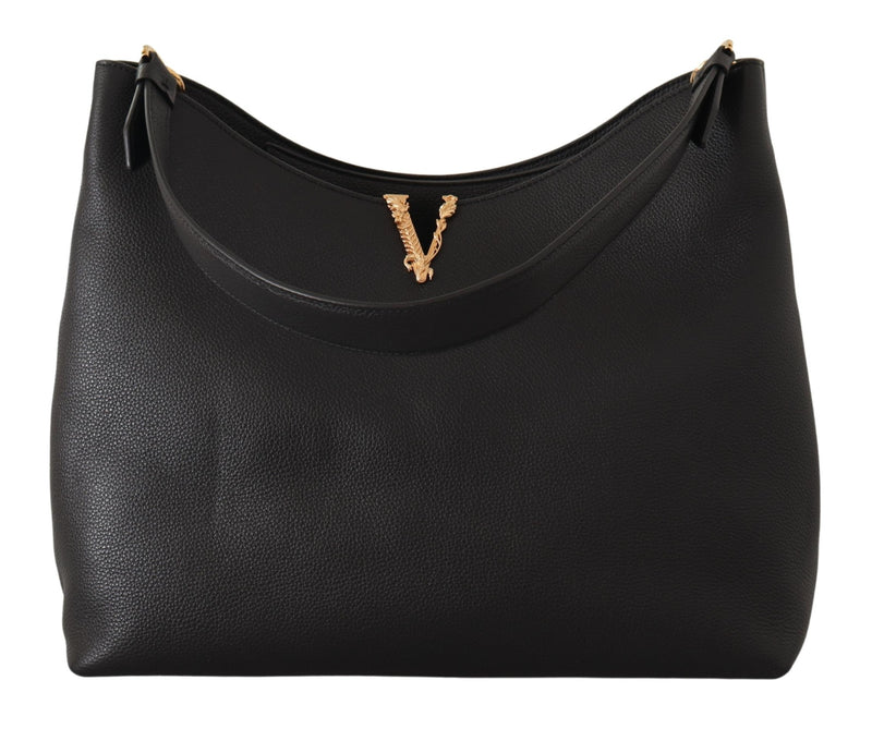 Black Calf Leather Large Hobo Shoulder Bag