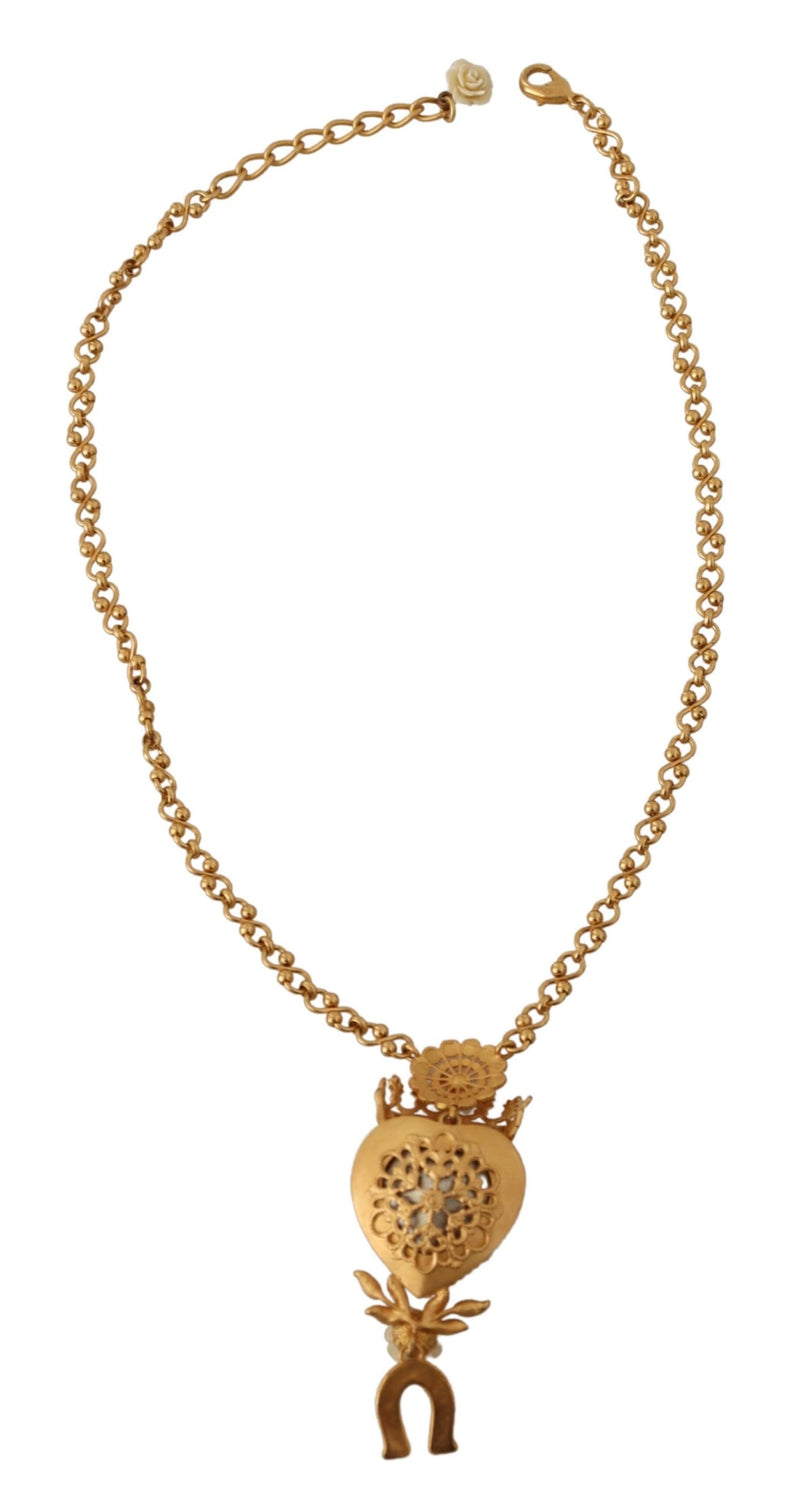 Gold Heart Crown Floral Horseshoe Crystal Pendant Necklace