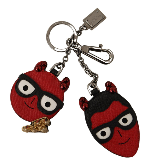 Red Leather Silver Tone Devil Studded Keychain