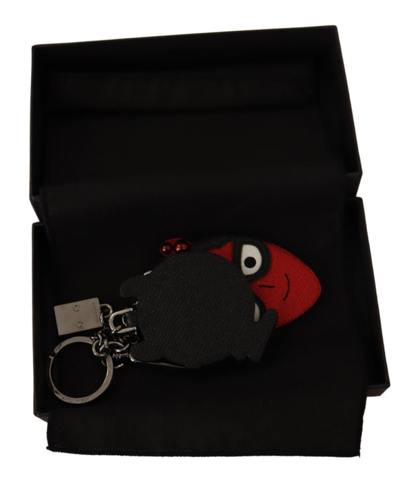 Red Leather Silver Tone Devil Studded Keychain