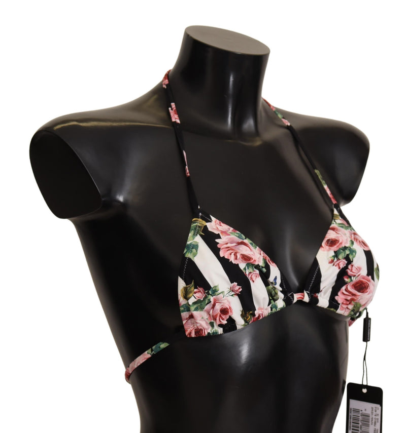Black White Striped Floral Print Swimwear Bikini