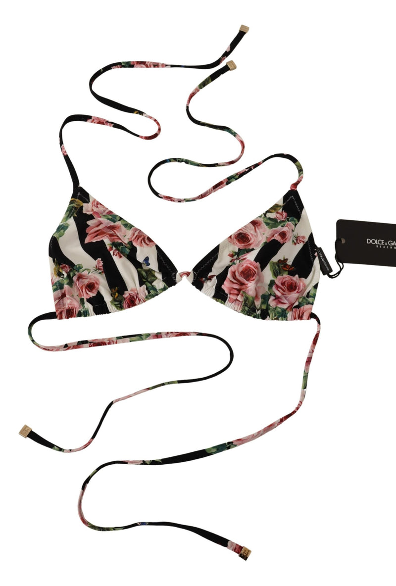 Black White Striped Floral Print Swimwear Bikini
