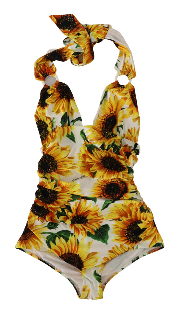 White Sunflower Halter One Piece Swimwear Bikini