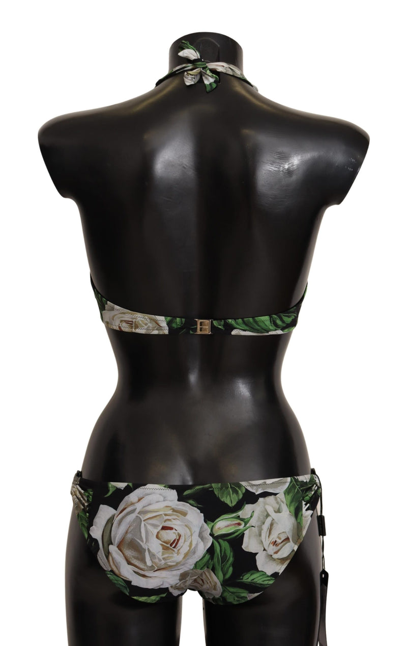 White Rose Print Halter Two Piece Bikini Swimwear
