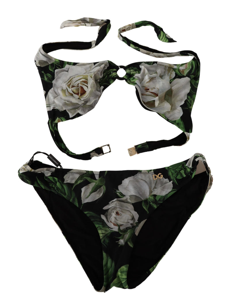 White Rose Print Halter Two Piece Bikini Swimwear