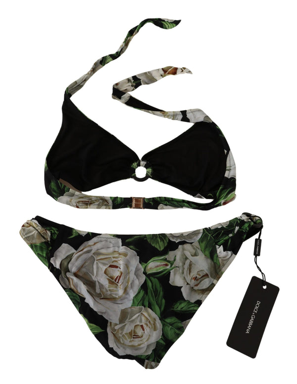 White Rose Print Halter Two Piece Bikini Swimwear