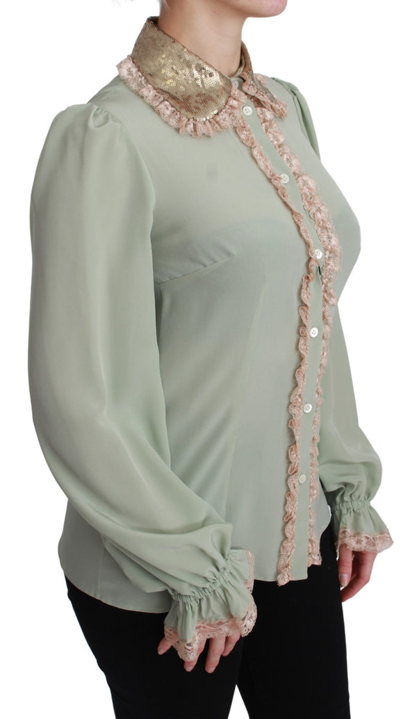 Mint Green Silk Sequin Lace Blouse Shirt