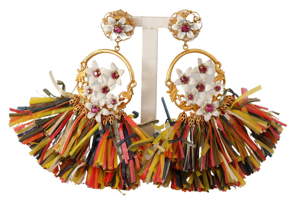 Gold Crystal Raffia Floral Clip On Earrings