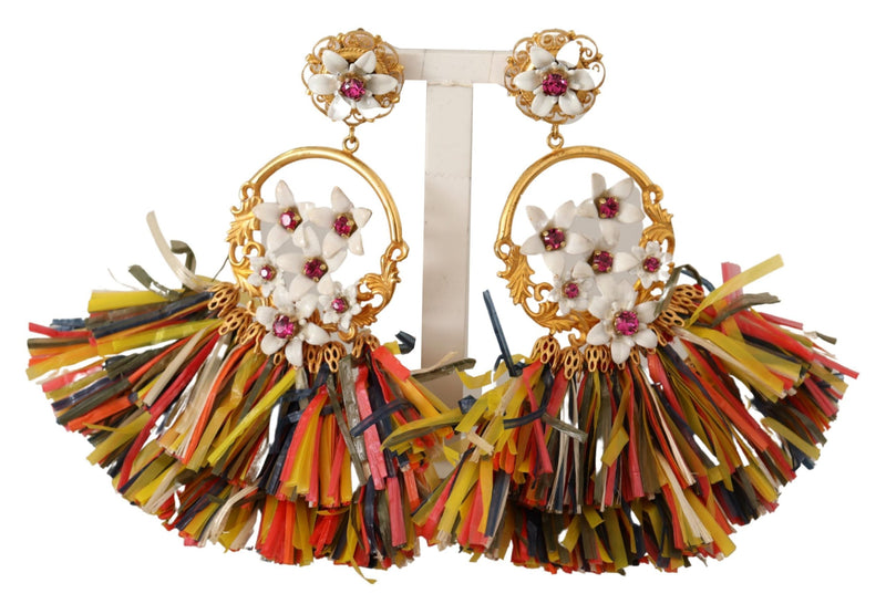 Gold Crystal Raffia Floral Clip On Earrings
