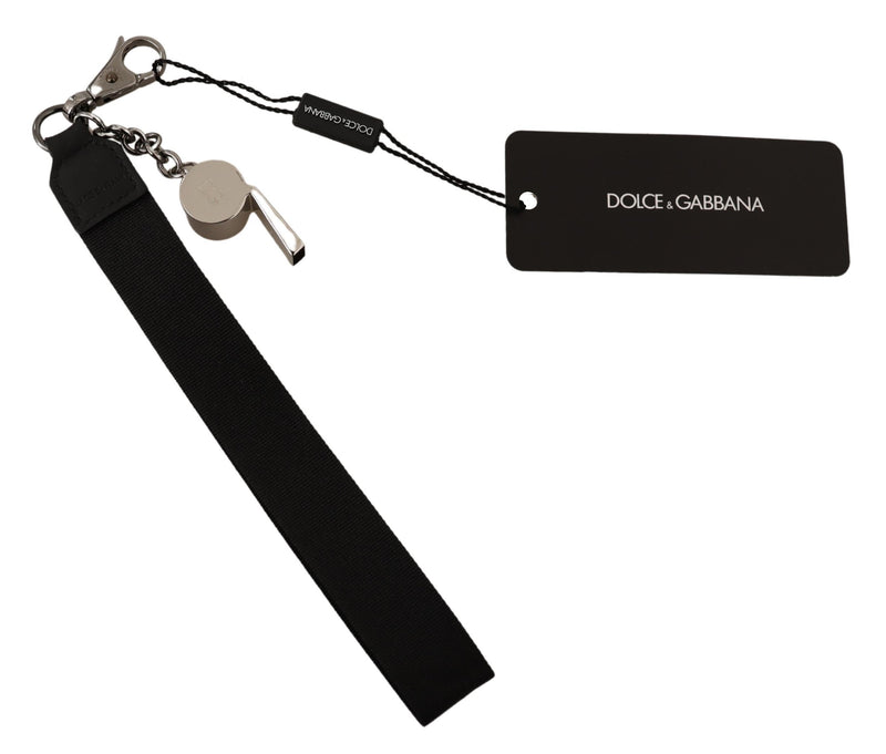 Black Polyester DG Embossed Silver Whistle Keychain