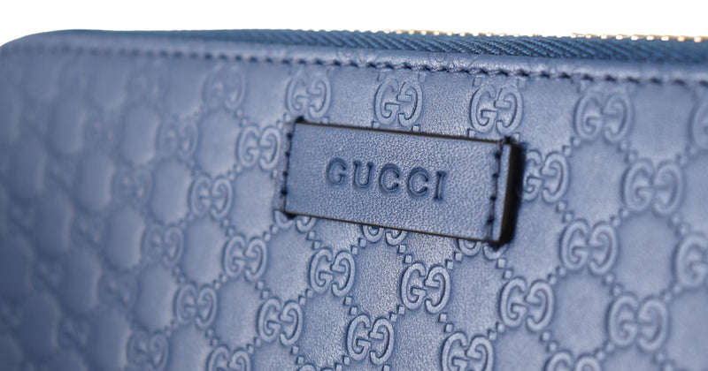 Blue Leather Micro Guccissima Zip Around Wallet