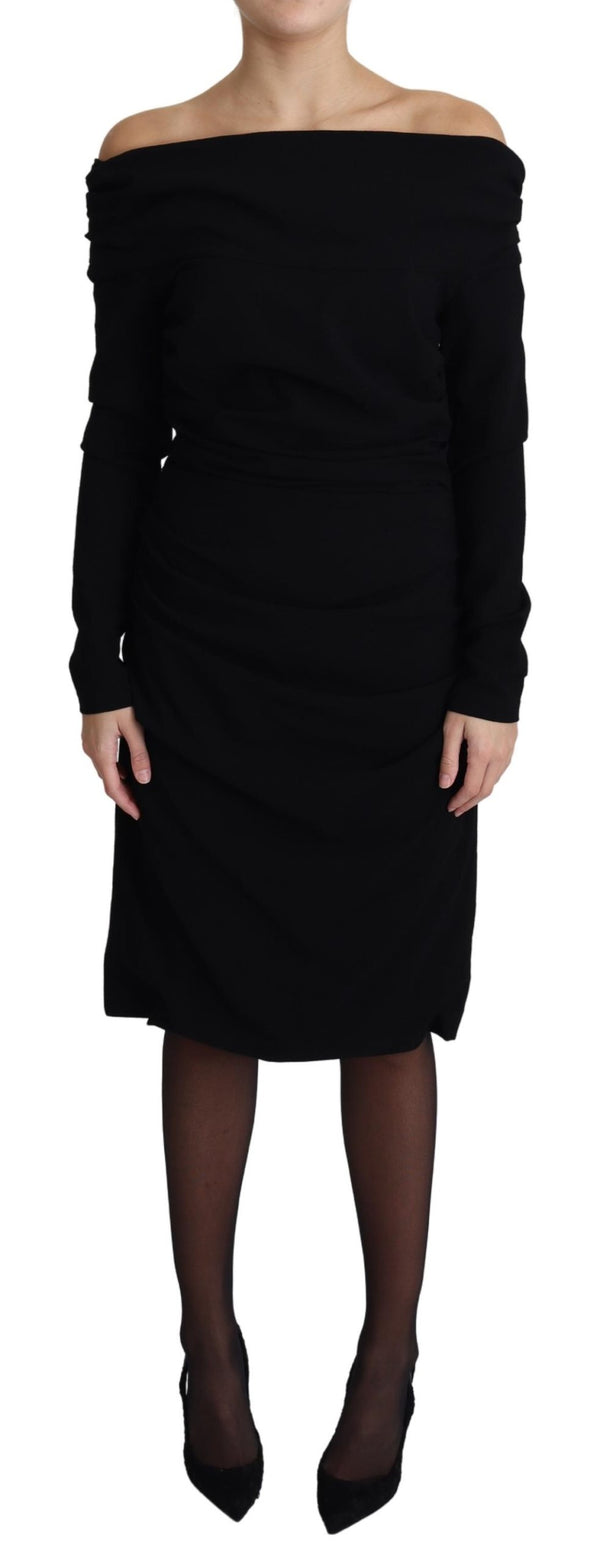 Black Sheath Open Shoulder Wool Dress