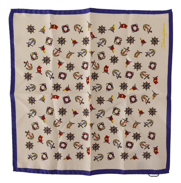 Beige Blue Anchor Print Silk Handkerchief Scarf