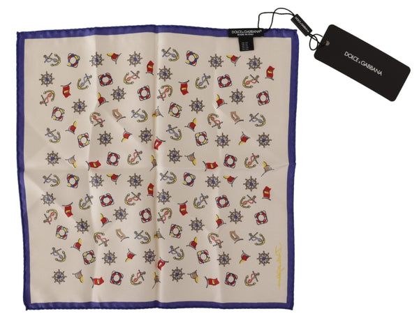Beige Blue Anchor Print Silk Handkerchief Scarf