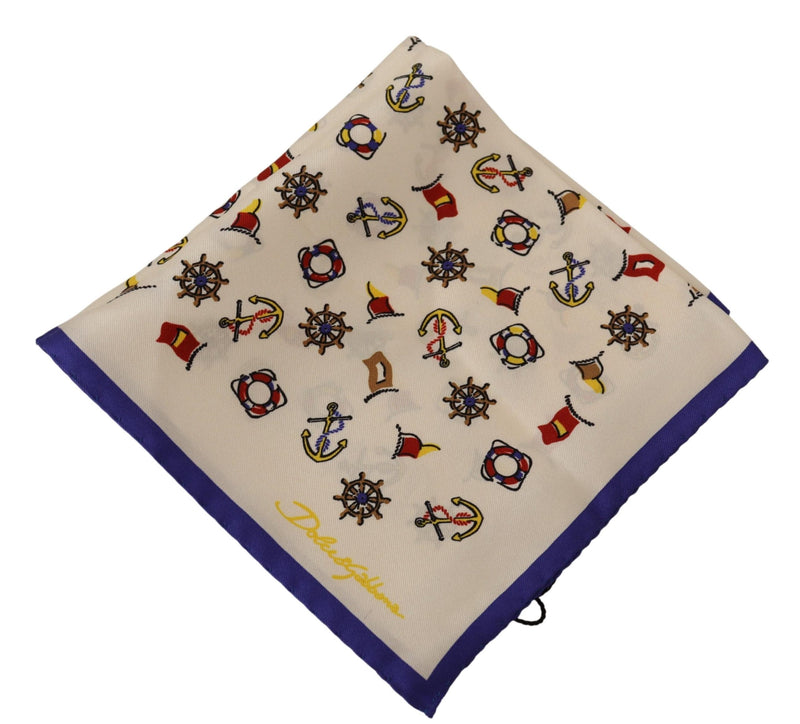 Beige Blue Anchor Print Silk Handkerchief Scarf