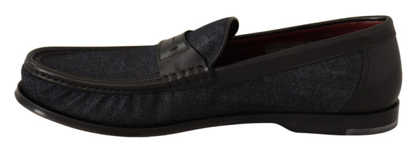 Black Leather Blue Denim Mocassin Shoes