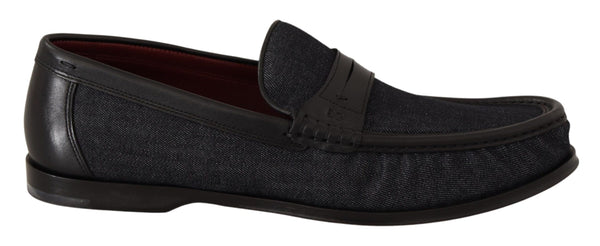 Black Leather Blue Denim Mocassin Shoes