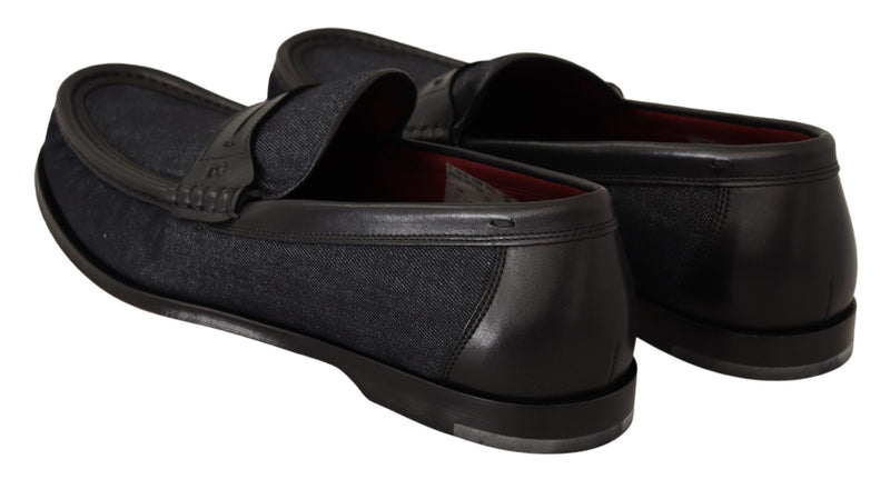 Black Leather Blue Denim Mocassin Shoes