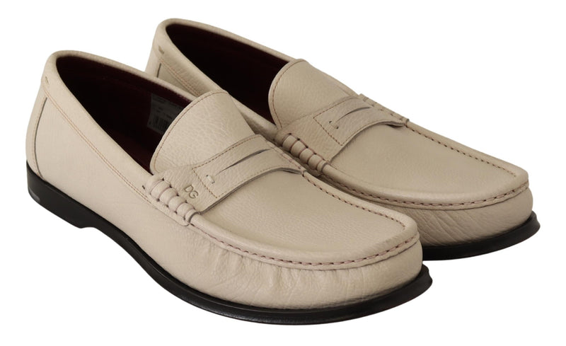 White Leather Flat Slip On Mocassin Shoes