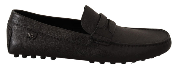 Black Leather Flat Slip On Mocassin Shoes