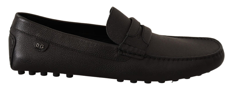Black Leather Flat Slip On Mocassin Shoes