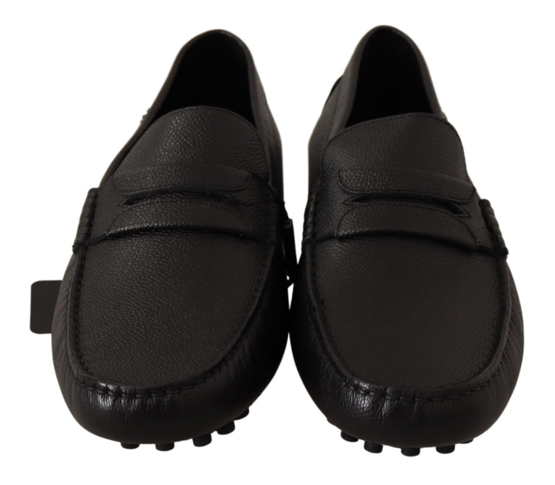 Black Leather Flat Slip On Mocassin Shoes