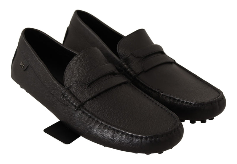 Black Leather Flat Slip On Mocassin Shoes