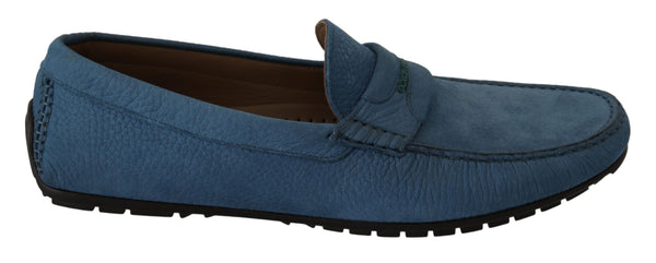 Blue Leather Flat Slip On Mocassin Shoes