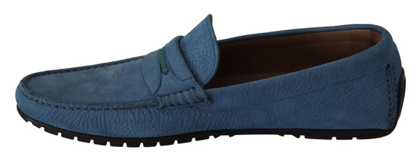 Blue Leather Flat Slip On Mocassin Shoes