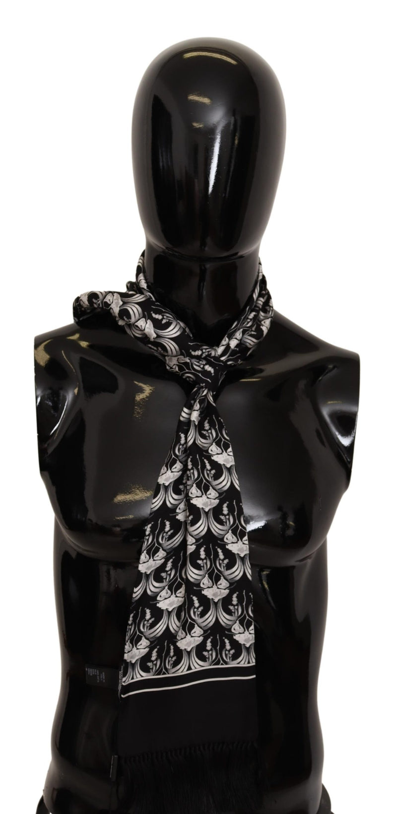 Black White Floral Silk Shawl Fringe Scarf