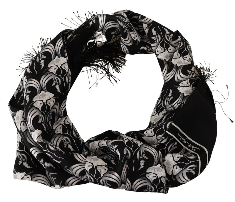 Black White Floral Silk Shawl Fringe Scarf