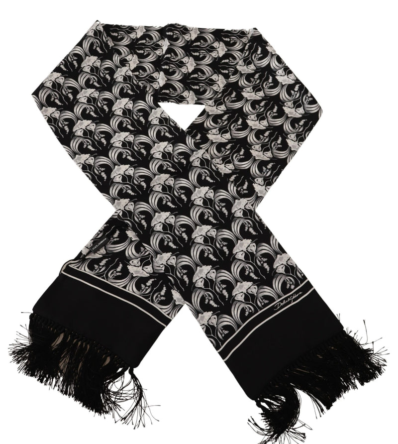 Black White Floral Silk Shawl Fringe Scarf